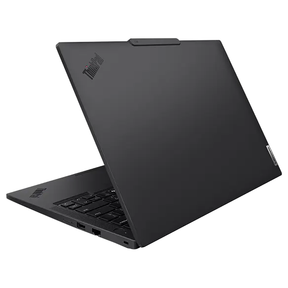 Rear, right side view of Lenovo ThinkPad T14 Gen 5 (14” AMD) Eclipse Black laptop with lid opened at an acute angle, focusing its top cover with the Communications Bar & right side ports.