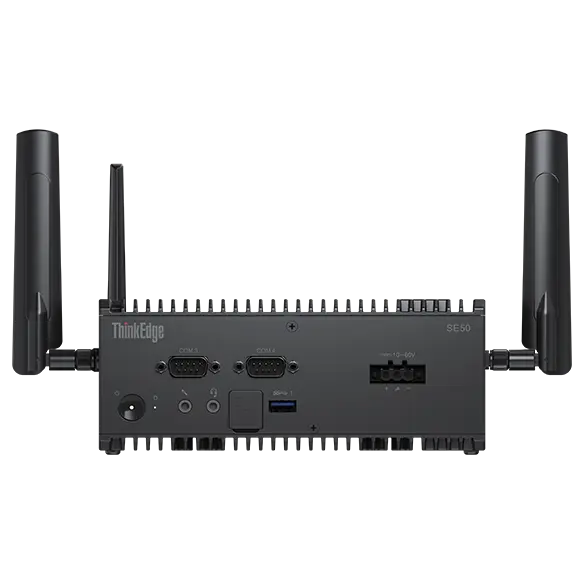 Front view of the ThinkEdge SE50 showing the optional antennas