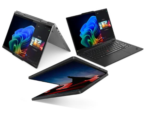 Three Lenovo ThinkPad X1 devices in a group: clockwise, rear-facing X1 Carbon, X1 2-in-1 in tent mode, & X1 Fold 16 with display folded onto itself.