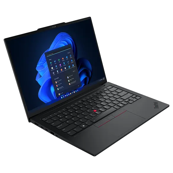 Front left side view of Lenovo ThinkPad E14 Gen 7 (14” Intel) laptop, featuring its slim profile & ports that offer ease of use & fast connectivity.