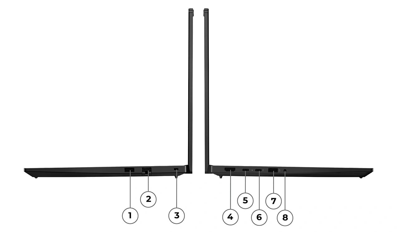 Right & left side profiles of Lenovo ThinkPad E14 Gen 7 (14” Intel) laptop with ports labelled from 1 to 3 & 4 to 8 respectively.