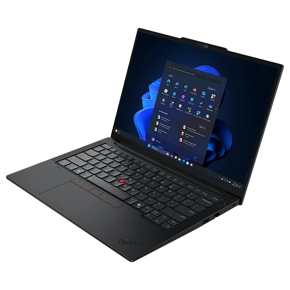 Front, right side view of Lenovo ThinkPad E14 Gen 7 (14” Intel) laptop featuring its narrow bezels & vibrant display for improved productivity.
