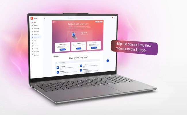 Left front angle view of the Yoga Pro 9i Gen 10 Aura Edition (16″ Intel) next to a text box reading ″Help me connect my new monitor to this laptop.