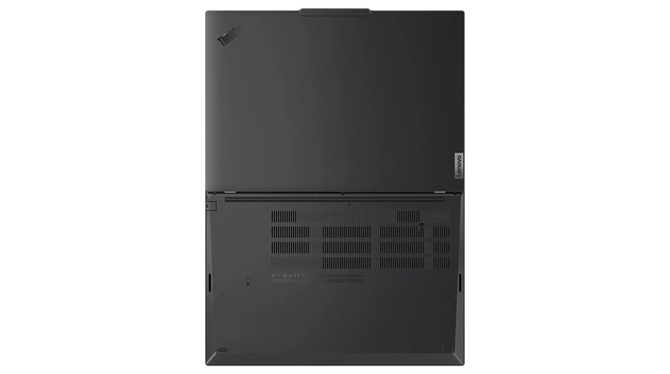 Lenovo ThinkPad T16 Gen 4 (16" Intel) laptop – bottom view, lid open flat 