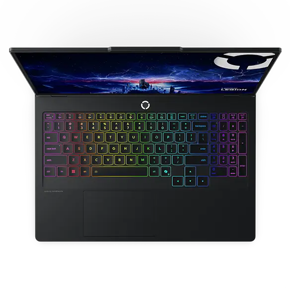 Top-down view of Legion Pro 5i Gen 10 showing full-size keyboard and immersive display.