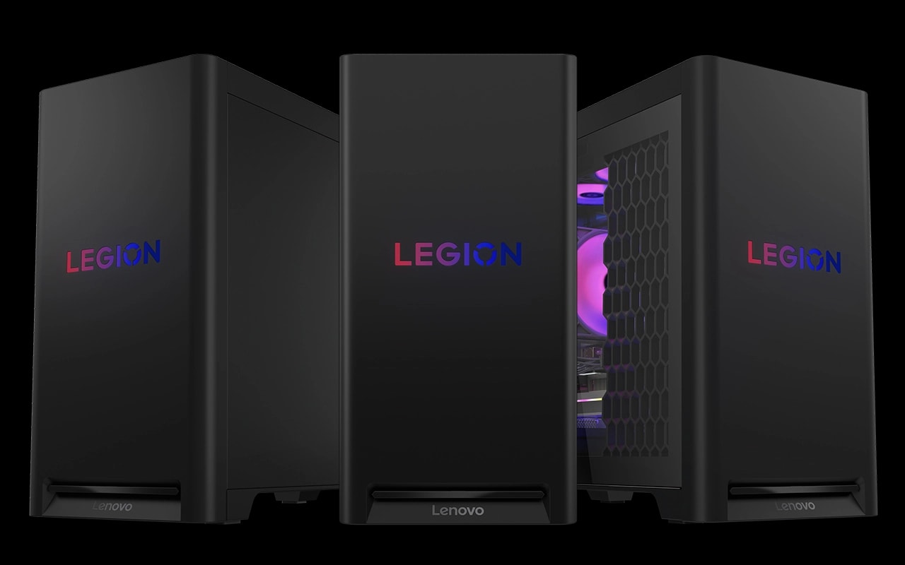 Image showing front, left & right side view of Lenovo Legion Tower 5 Gen 10 (30L AMD) tower, from diverse angles, featuring its adaptable design & evolving needs. מחשב נייח Legion T5&nbsp;30AGB10 90YJ0047YS&nbsp;מבית Lenovo