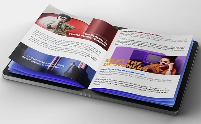 Páginas de papel emergen de la pantalla de la tableta Idea Tab de Lenovo.