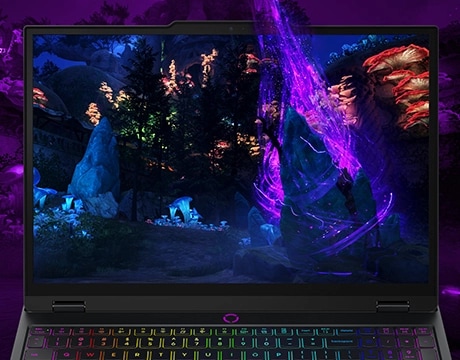 מחשב נייד Legion 5 15IAX10 83F0004WIV מבית Lenovo Close-up of the display of a Lenovo Legion Lenovo Legion 5i Gen 10 (15" Intel) gaming laptop, depicting what appears to be a dark cavern with glowing rock formations and flowers
