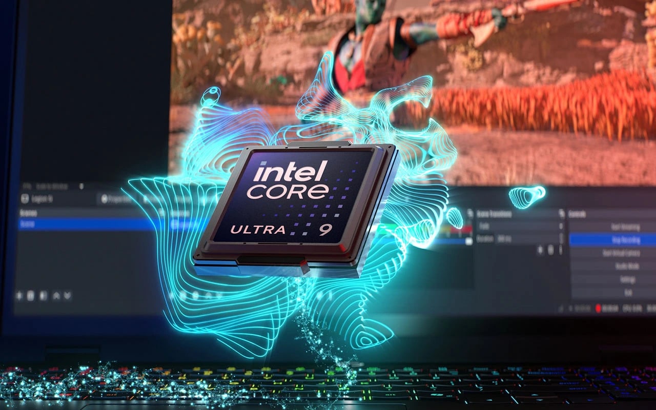 Primer plano del chip Intel® Core™ Ultra 9 con gráficos para videojuegos de fondo