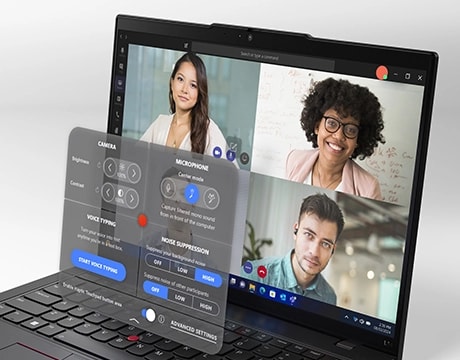 Lenovo ThinkPad L14 Gen 6 (14" AMD) laptop – right-front view, lid open, with a four-person videoconference on the display and a translucent representation of a conference settings menu in front of the display
