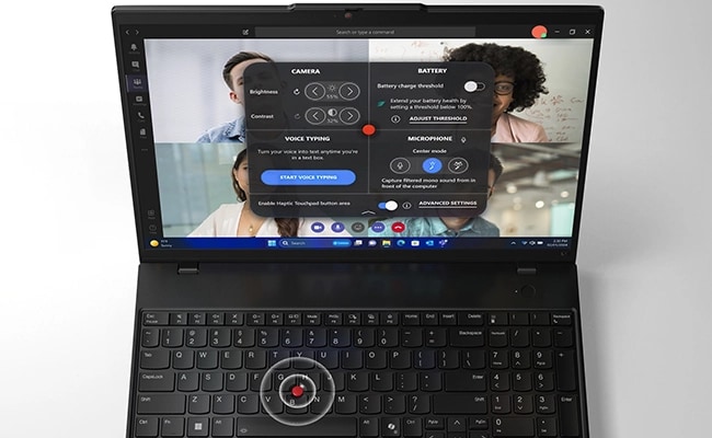 Lenovo ThinkPad L16 Gen 2 (16" Intel) laptop – front view from above, lid open, with four-person videoconference and a settings menu on the display, with graphics circles highlighting the TrackPoint on the keyboard