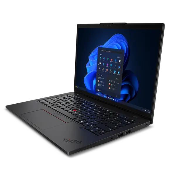 Lenovo ThinkPad L14 Gen 6 (14" AMD) laptop – right-front view, lid open, with Windows 11 menu in front of Windows bloom background on the display