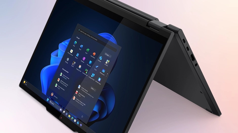 When in Tent mode, the Communications Bar is at the bottom of the Lenovo ThinkPad T14s 2-in-1 display & it adapts to the orientation of the Lenovo ThinkPad T14s 2-in-1 laptop.