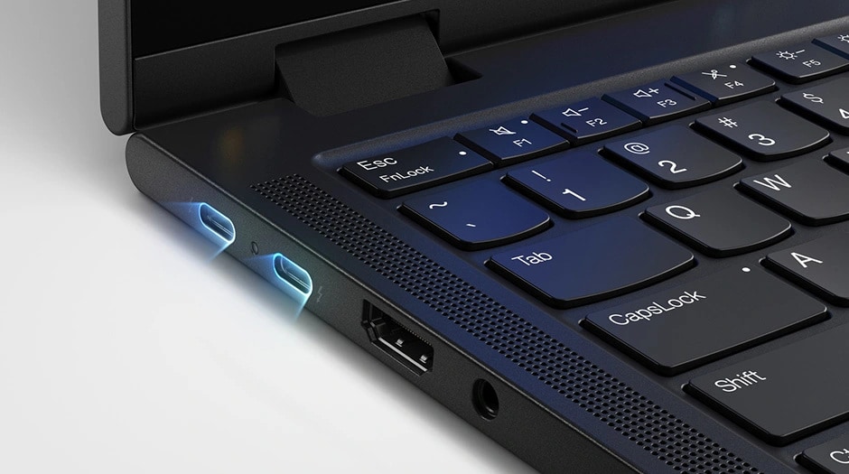 Two USB-C Thunderbolt 4 ports boast speedy file transfer, charging & more on the Lenovo ThinkPad T14s 2-in-1 laptop.