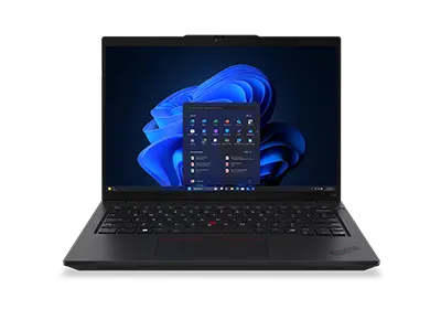 Lenovo ThinkPad L14 Gen 6 (14" Intel) laptop – front view, lid open, with Windows 11 menu in front of Windows bloom background on the display