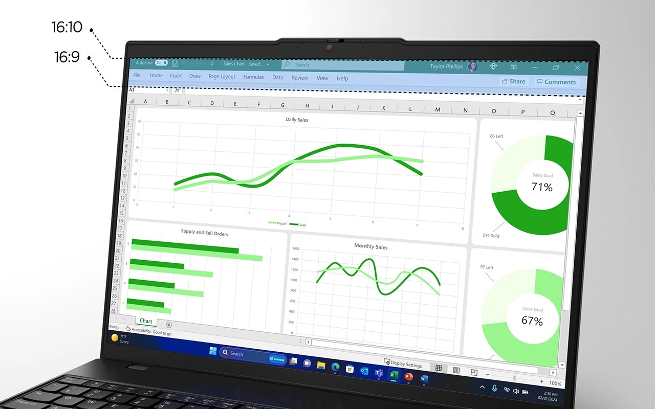 Lenovo ThinkPad L16 Gen 2 (16" Intel) Notebook – Vorderansicht von rechts mit geöffnetem Deckel und Diagrammen auf dem Display
