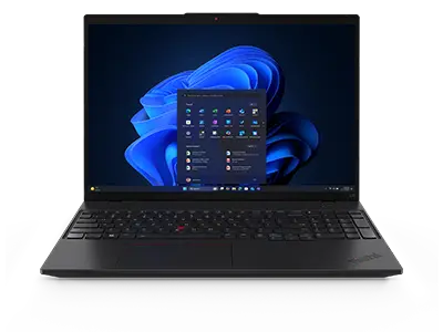 Lenovo ThinkPad L16 Gen 2 (16" AMD) laptop – front view, lid open, with Windows 11 menu in front of Windows bloom background on the display