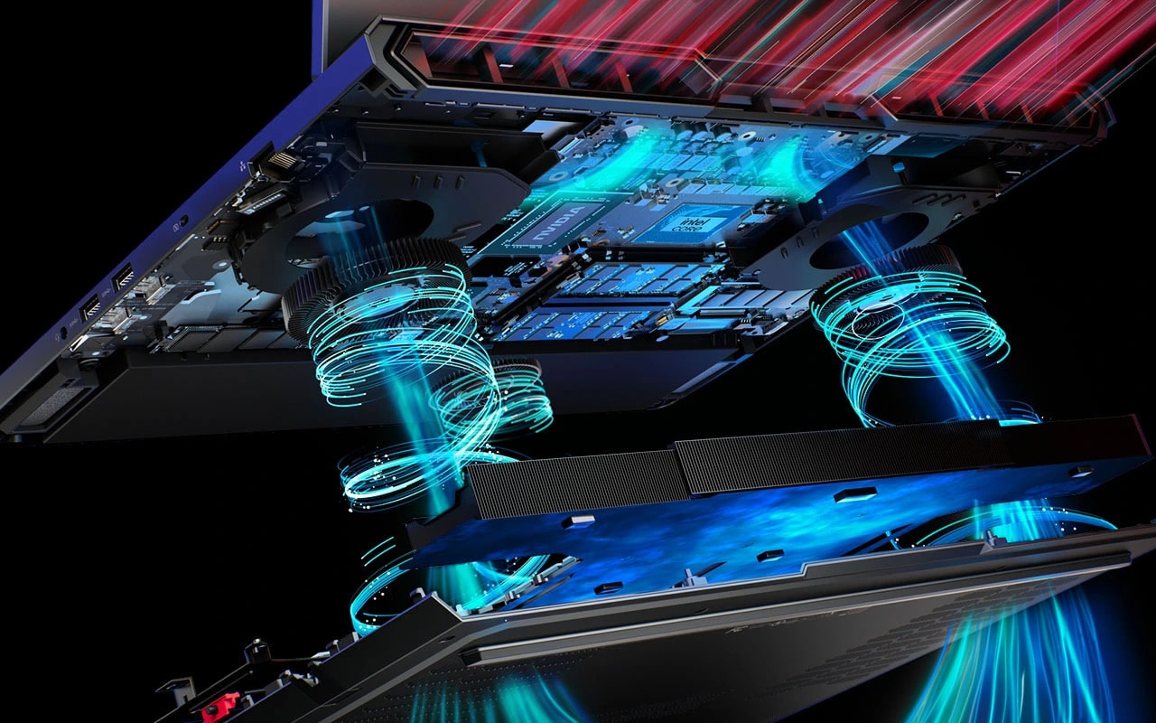 Lenovo Legion Pro 7i Gen 10 gaming laptop with a digital overlay highlighting its cooling system and airflow while running a game.