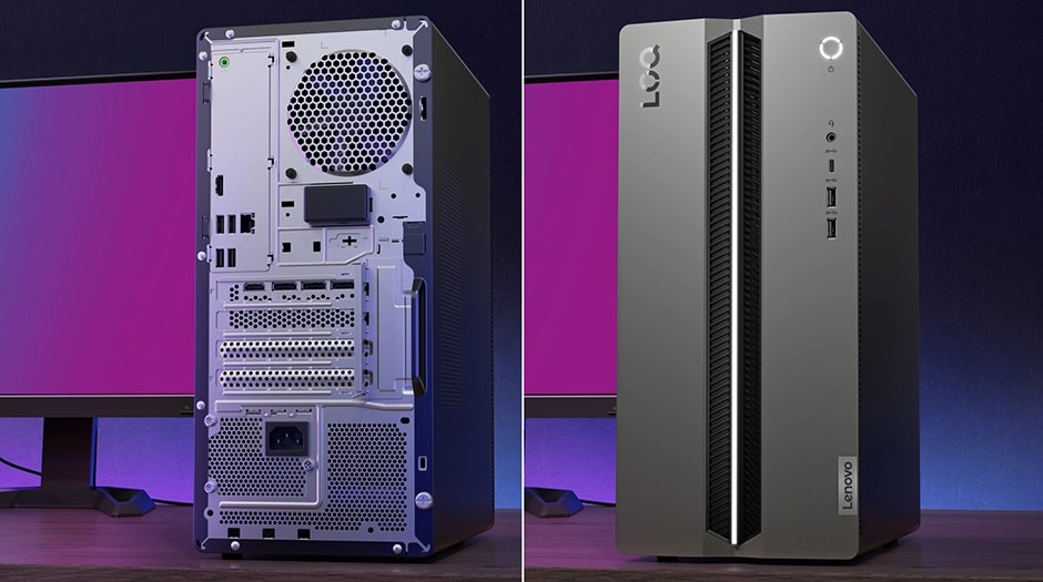 מחשב נייח LOQ Tower 17IAX10 91AY001QYS מבית Lenovo Front and rear view with integrated 3D texture and airflow vents on the Lenovo LOQ Tower 17IAX10 desktop.