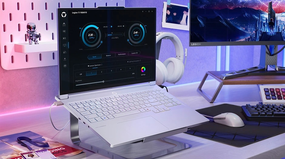Legion 7i Gen 10 on a stand displaying system performance dashboard with dials and settings.