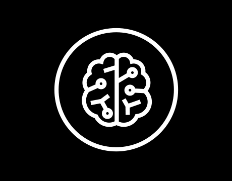 White brain-shaped AI Core icon with circuit lines, inside a circle on black.