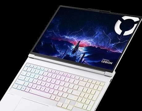 Angled view of Legion 7i Gen 10 open with a vivid display and full RGB keyboard.