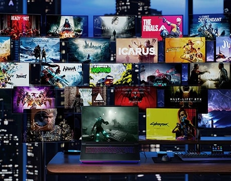 Renderizado de juego lado a lado en Legion 9i y monitor, demostrando la tecnología DLSS de aumento de fotogramas.