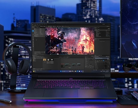 Legion 9i editing cinematic gameplay footage, emphasizing creator-grade performance and color accuracy.