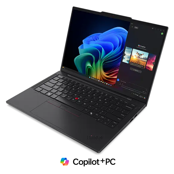 Front, right side view of Lenovo ThinkPad T14s Gen 6 (14" AMD) laptop, boasting AI capabilities & transformative Copilot+ experiences for effortless multitasking & performance.