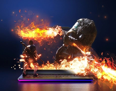 Game scene bursting from Legion 9i display, showcasing vivid visuals and powerful RTX rendering.