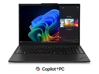 Lenovo ThinkPad T16 Gen 4 (16" Intel) laptop – front view, lid open with Copilot menu against multicolored Windows Bloom background on the display
