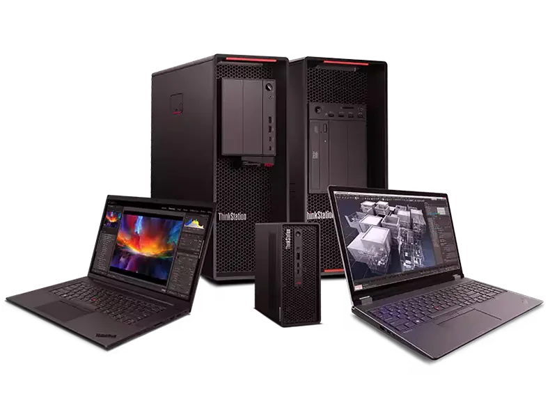 Two Lenovo ThinkPad P Series mobile workstations, opened, either side of two Lenovo ThinkStation tower PCs & a ThinkCentre PC tiny PC.