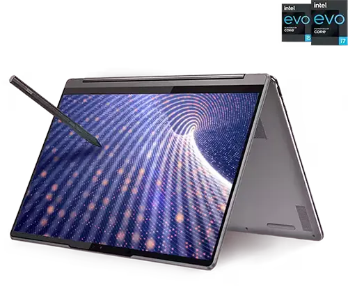 Lenovo Yoga Laptop featured in tent mode with a digital pen.