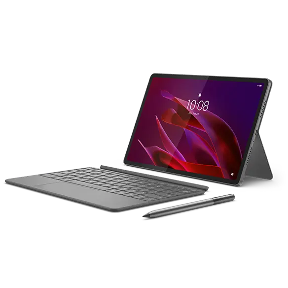 Tablette Lenovo Yoga Tab - grisuna, orientation paysage, vue avant droite avec écran verrouillé sur l’écran, avec stylet Lenovo Tab Pen Pro et ensemble clavier 2 en 1.
