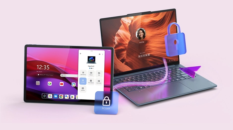 A Lenovo Yoga Tab tablet in front of a Yoga laptop, with padlock icons representing the tablet&rsquo;s functionality in locking the laptop. טאבלט Yoga Tab&nbsp;TB710FU ZAG60037IL Wi-Fi 12GB/256GB&nbsp;מבית&nbsp;Lenovo