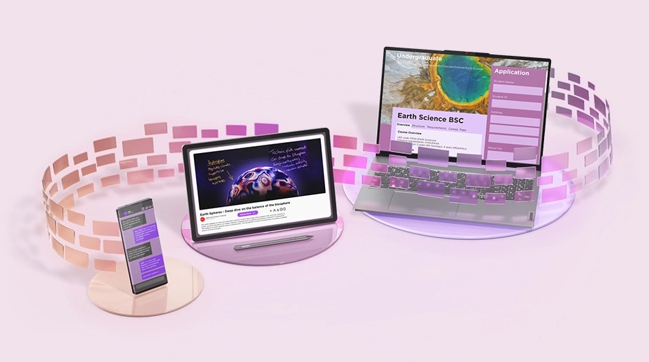 A smartphone, a Lenovo Yoga Tab tablet with a Lenovo Pen Pro, and an IdeaPad laptop on three glass display circles, with bulky dashed lines flowing between them. טאבלט Yoga Tab&nbsp;TB710FU ZAG60037IL Wi-Fi 12GB/256GB&nbsp;מבית&nbsp;Lenovo