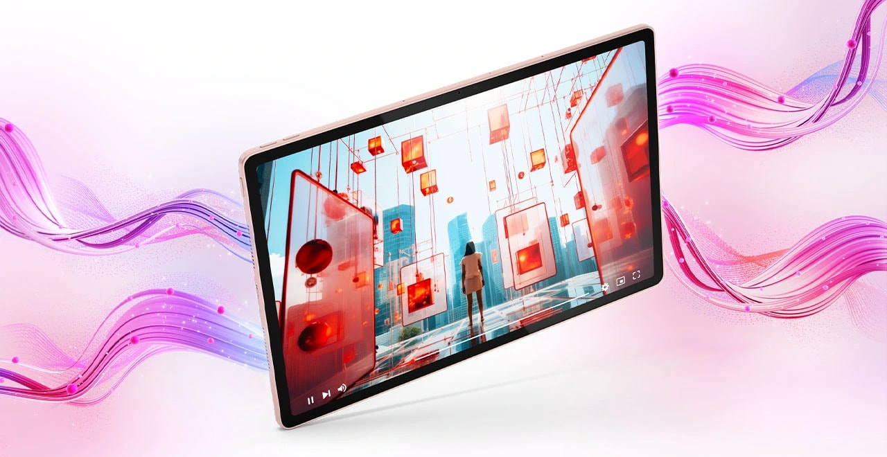 Lenovo Idea Tab Plus tablet – front view showing a music video, landscape orientation, sand rose, appearing to stand, with pink and purple audio waves appearing to emanate from the speakers