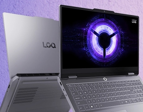Two Lenovo LOQ Essential 15IRX11 gaming laptops – left-front and right-rear views, back to back, suspended in the air, lids open, with the LOQ logo in purple on the visible display.