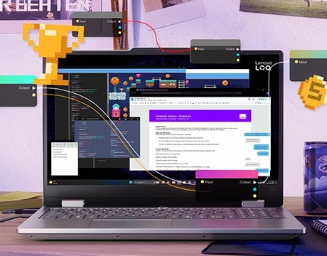 Lenovo LOQ Essential 15IRX11 gaming laptop on a desk – front view, lid open, with multiple windows open on the display and a graphic trophy and coin appearing to fly out of the screen.
