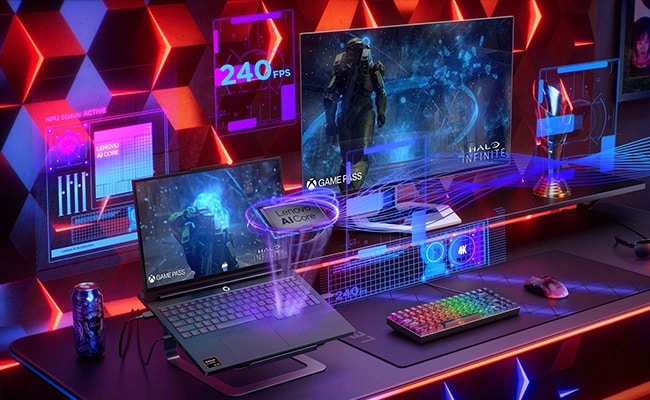 Breakout view of the Lenovo AI Core chip emerging from the Lenovo Legion Pro 7 Gen 10 (16” AMD), with various accessories and the text “240 FPS” in the background. מחשב נייד Legion Pro 7 16AFR10H 83RU001RIV מבית Lenovo