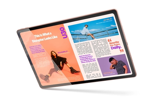 Lenovo Idea Tab Plus tablet – front view, sand rose, showing an article on a disruptor on the display, landscape orientation, appearing to balance on its lower left corner