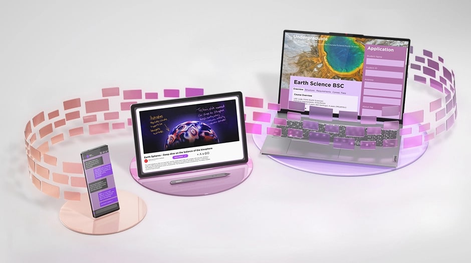 A mobile phone, a Lenovo Idea Tab Plus tablet with a Lenovo Pen Pro stylus, and a Lenovo laptop on three colored circular display bases, with thick dashed line graphics appearing to flow between them טאבלט Idea Tab Plus&nbsp;TB361FU ZAG70963IL Wi-Fi 12GB/256GB&nbsp;מבית&nbsp;Lenovo