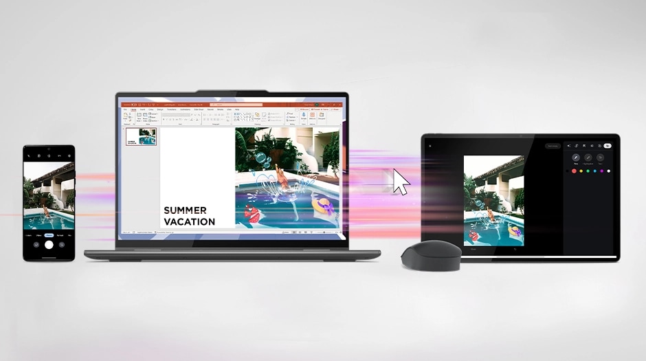 A mobile phone, a Lenovo laptop, and a Lenovo Idea Tab Plus tablet, controlled by a wireless mouse as they share files טאבלט Idea Tab Plus&nbsp;TB361FU ZAG70963IL Wi-Fi 12GB/256GB&nbsp;מבית&nbsp;Lenovo
