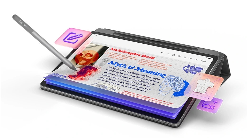Lenovo Idea Tab Plus tablet &ndash; right-front view showing a report on Michelangelo&rsquo;s David, landscape orientation, luna grey, leaning far back in a matching Folio Case, with a Lenovo Tab Pen appearing to float in the air as it touches the screen טאבלט Idea Tab Plus&nbsp;TB361FU ZAG70963IL Wi-Fi 12GB/256GB&nbsp;מבית&nbsp;Lenovo