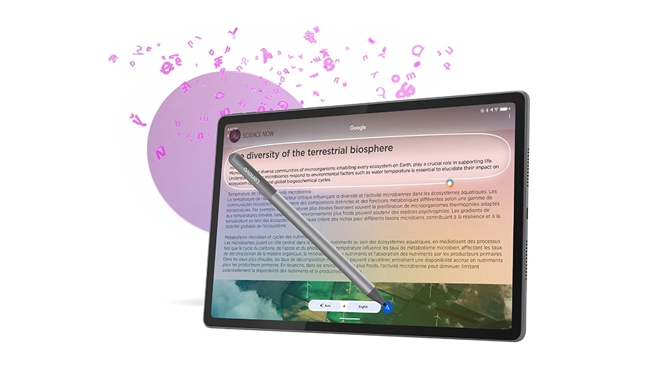 Lenovo Idea Tab Plus tablet &ndash; front view showing article in Spanish, landscape orientation, appearing to stand, with Lenovo Tab Pen appearing to float in air as it touches screen, with multiple graphics appearing to float behind it טאבלט Idea Tab Plus&nbsp;TB361FU ZAG70963IL Wi-Fi 12GB/256GB&nbsp;מבית&nbsp;Lenovo