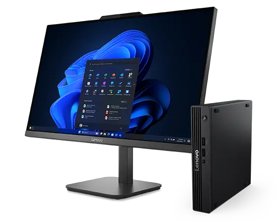 Front-facing angle views of a Lenovo tower desktop PC and a Lenovo all-in-one desktop PC.