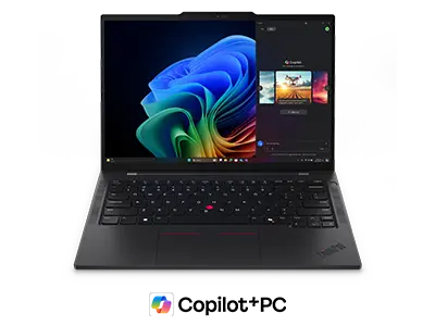 Front-facing Lenovo ThinkPad T14s Gen 6 laptop open, with Microsoft Copilot & rainbow colored bloom on the display.