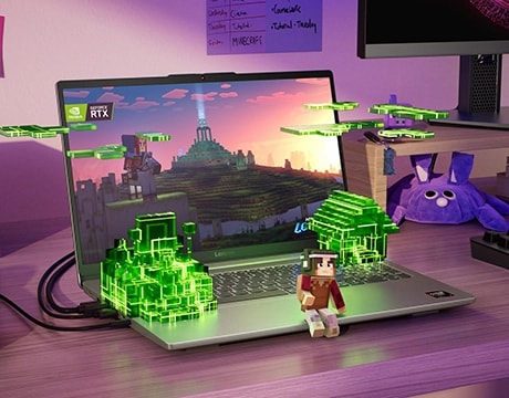 The Lenovo LOQ Essential 15ARP10 gaming laptop on a desk with Minecraft on the display and several elements representing ray tracing resting on the keyboard. מחשב נייד LOQ&nbsp;15ARP10E 83S0005HIV&nbsp;מבית&nbsp;Lenovo