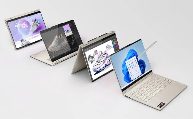 Four Lenovo ThinkBook laptops in different use modes.