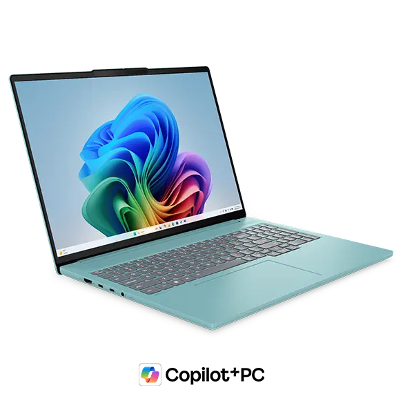 Front left view of a Jelly Mint Lenovo IdeaPad Pro 5i Gen 11 (16” Intel) with a Copilot+ logo beneath it.